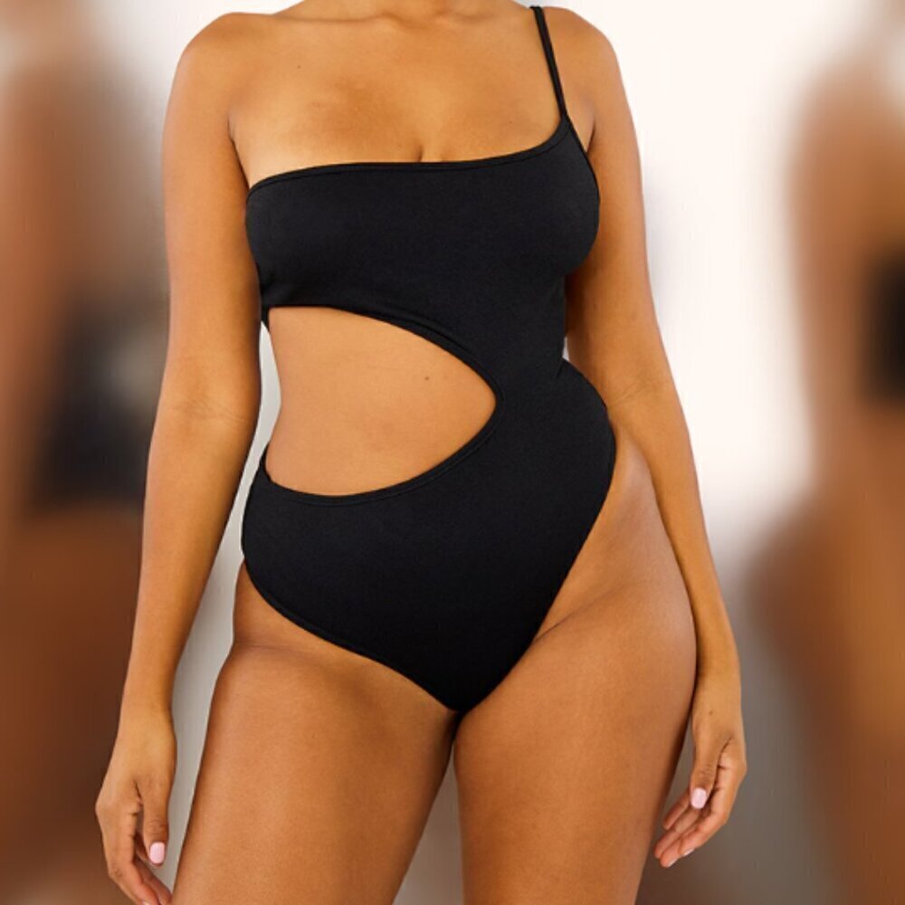 PrettyLittleThing Black Crepe Cut Out Side Bodysuit US 4